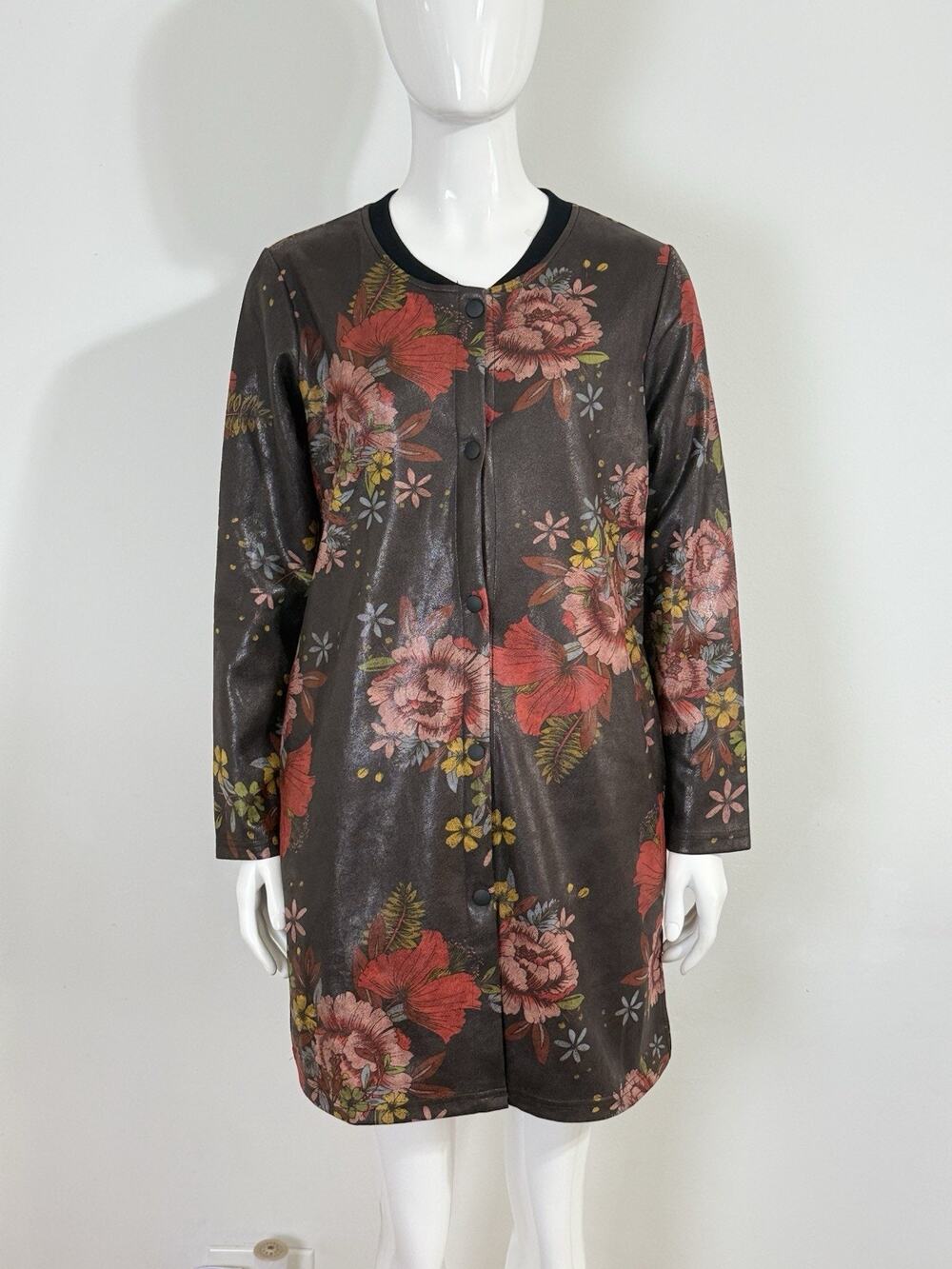 TOV Los Angeles Faux Leather Floral Snap Front Coat Dress Jacket Duster 38 NWT
